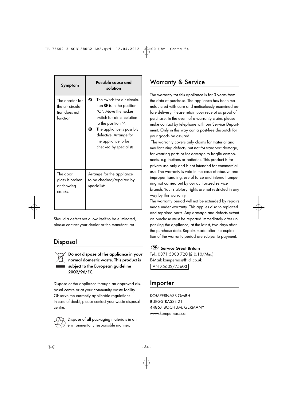 Disposal, Warranty & service, Importer | Silvercrest SGB 1380 B2 User Manual | Page 56 / 56