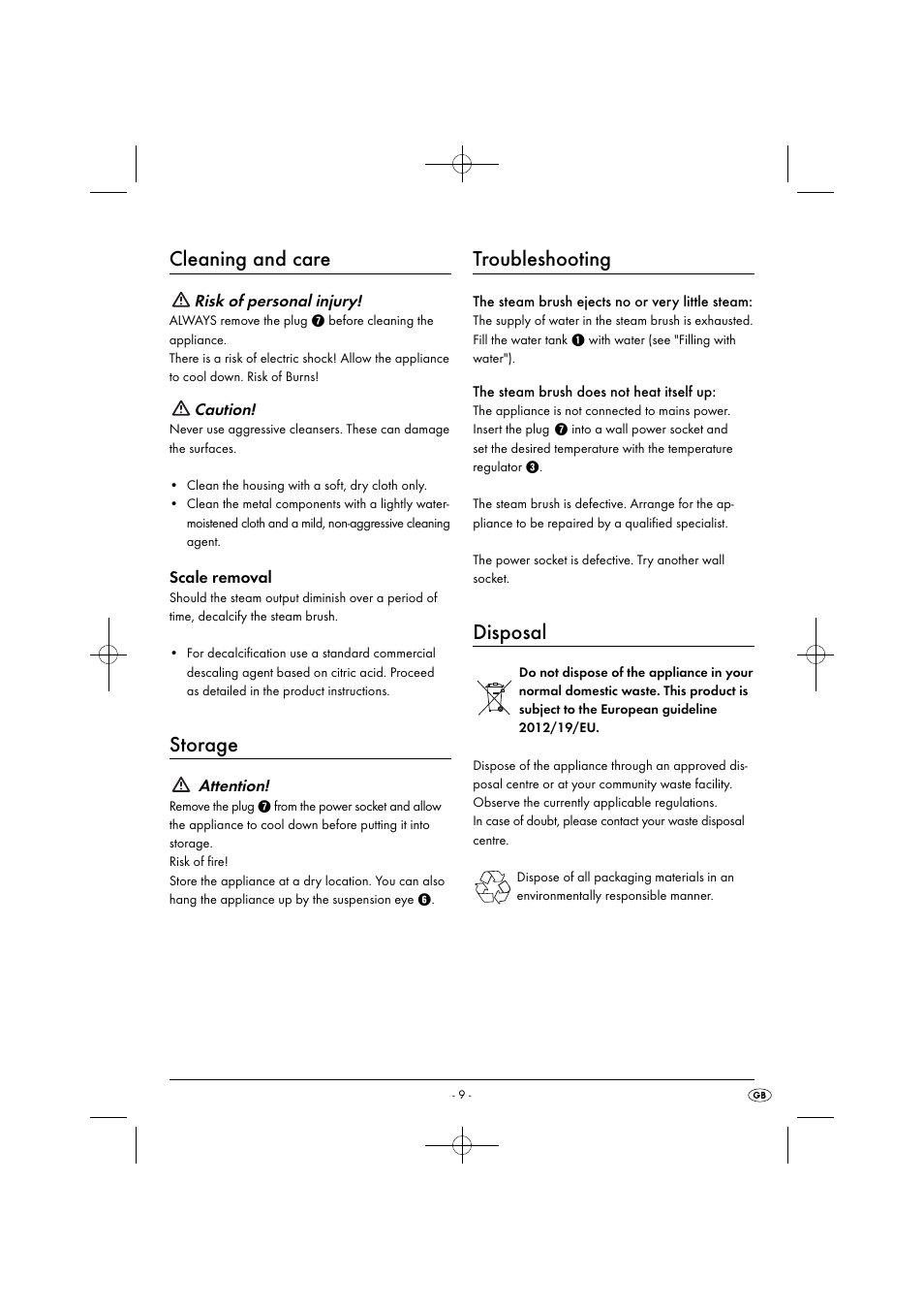 Cleaning and care, Storage, Troubleshooting | Disposal, Risk of personal injury, Caution, Scale removal, Attention | Silvercrest SDRB 1000 B1 User Manual | Page 12 / 64