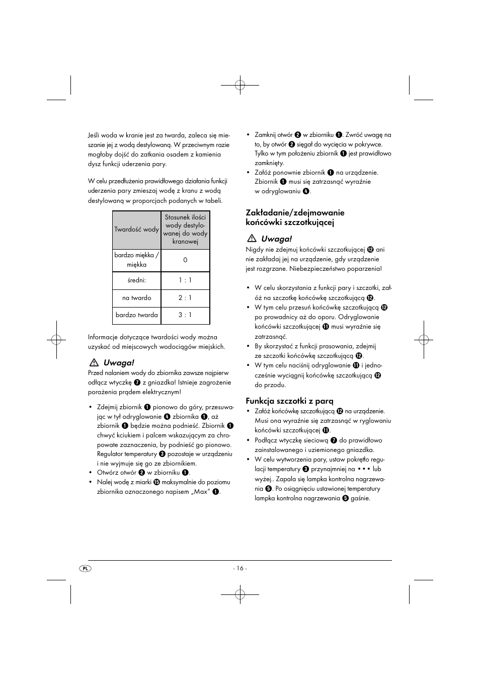 Uwaga, Funkcja szczotki z parą | Silvercrest SDRB 1000 B1 User Manual | Page 19 / 64