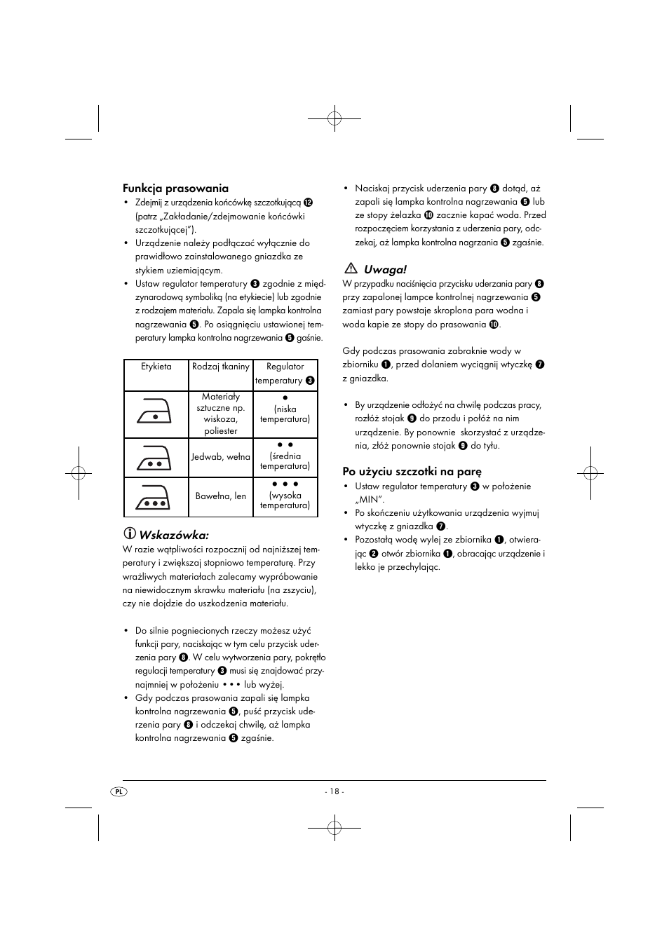 Funkcja prasowania, Wskazówka, Uwaga | Po użyciu szczotki na parę | Silvercrest SDRB 1000 B1 User Manual | Page 21 / 64