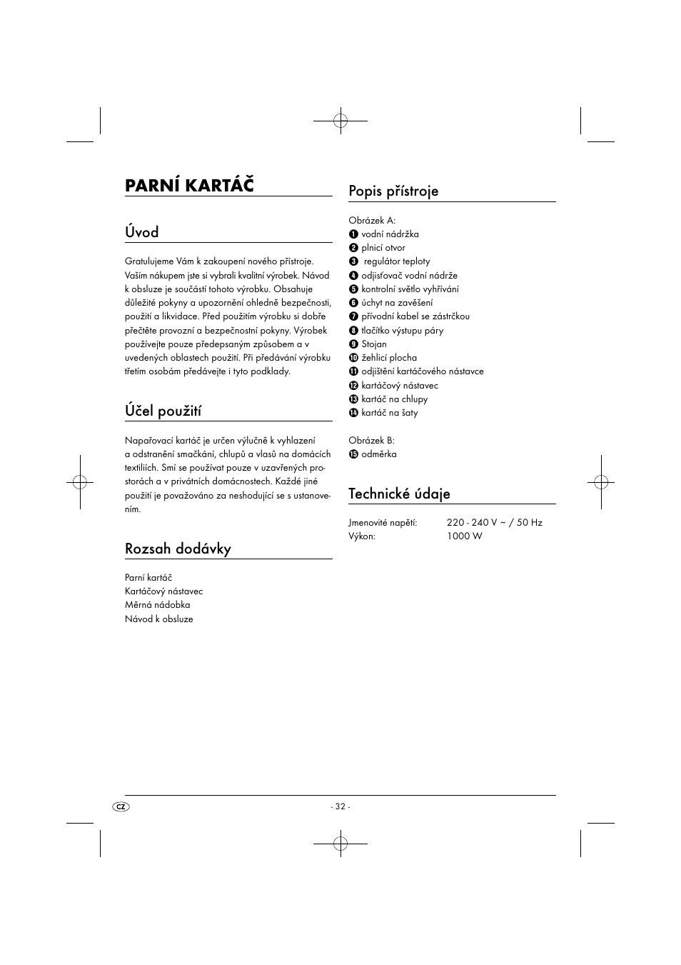 Parní kartáč, Úvod, Účel použití | Rozsah dodávky, Popis přístroje, Technické údaje | Silvercrest SDRB 1000 B1 User Manual | Page 35 / 64