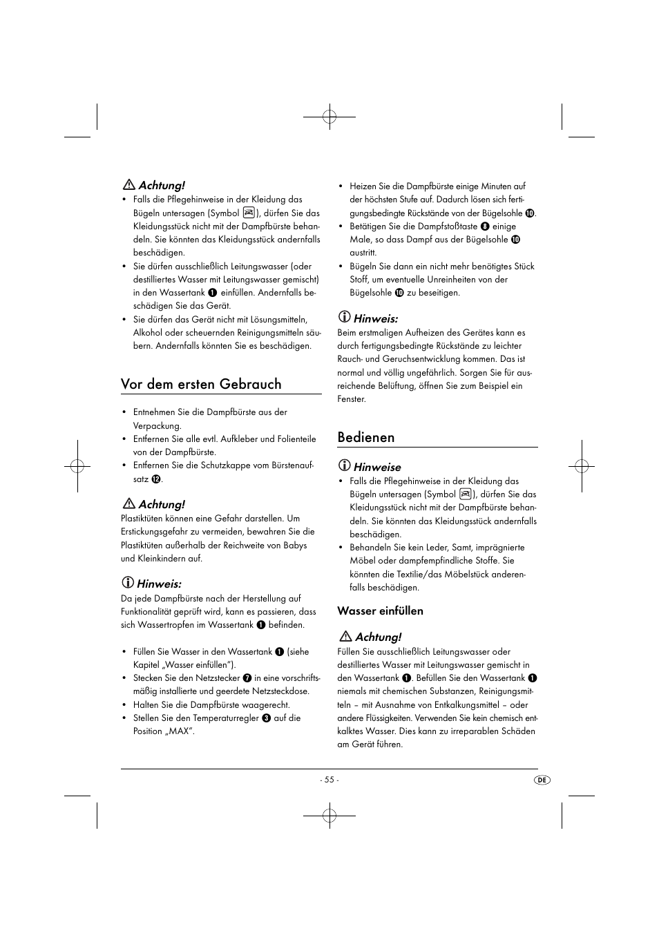 Bedienen, Vor dem ersten gebrauch, Hinweis | Hinweise, Wasser einfüllen achtung, Achtung | Silvercrest SDRB 1000 B1 User Manual | Page 58 / 64