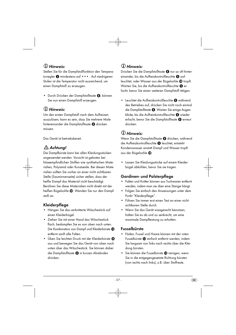 Hinweis, Achtung, Kleiderpflege | Gardinen- und polsterpflege, Fusselbürste | Silvercrest SDRB 1000 B1 User Manual | Page 60 / 64