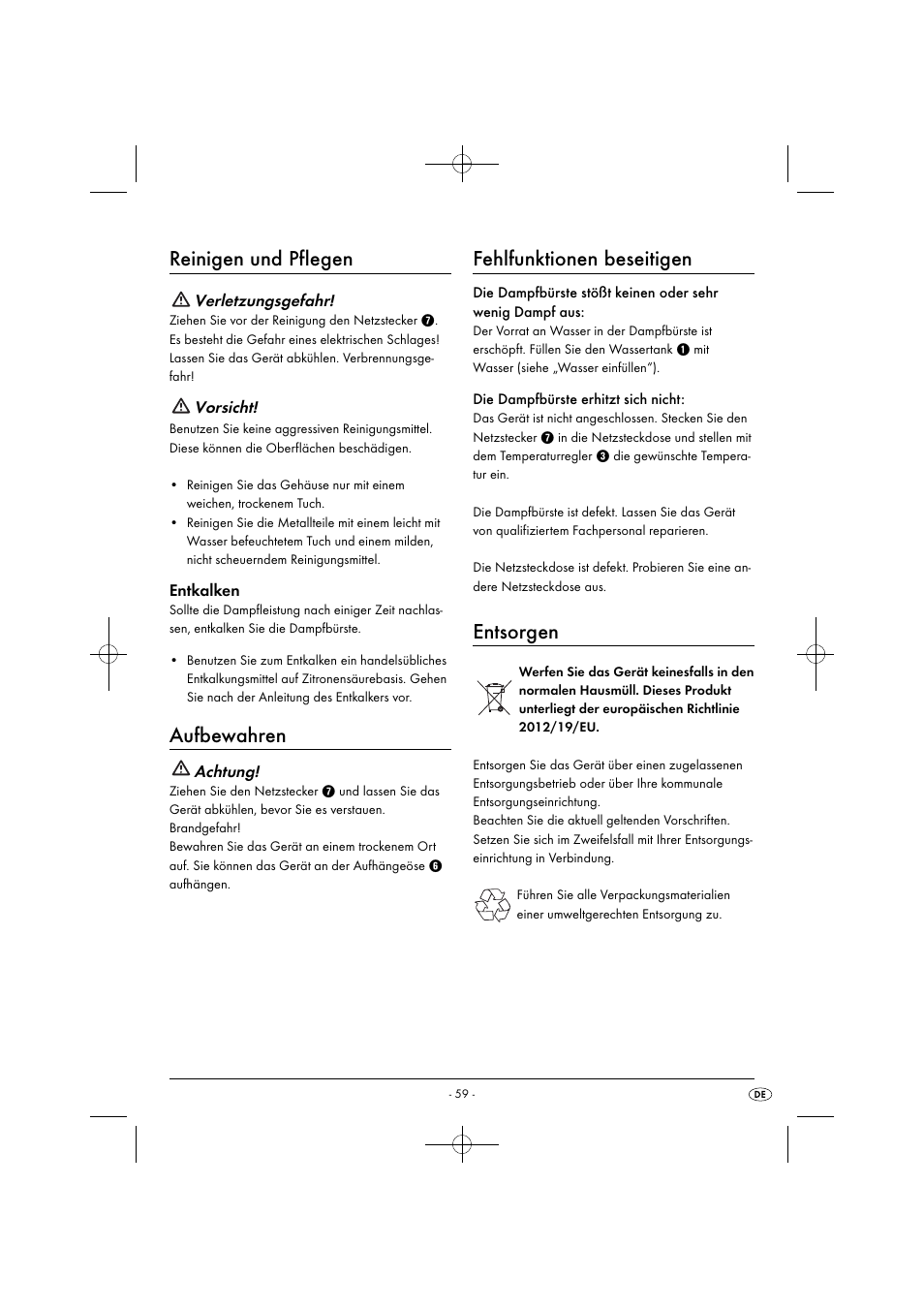 Reinigen und pflegen, Aufbewahren, Fehlfunktionen beseitigen | Entsorgen, Verletzungsgefahr, Vorsicht, Entkalken, Achtung | Silvercrest SDRB 1000 B1 User Manual | Page 62 / 64
