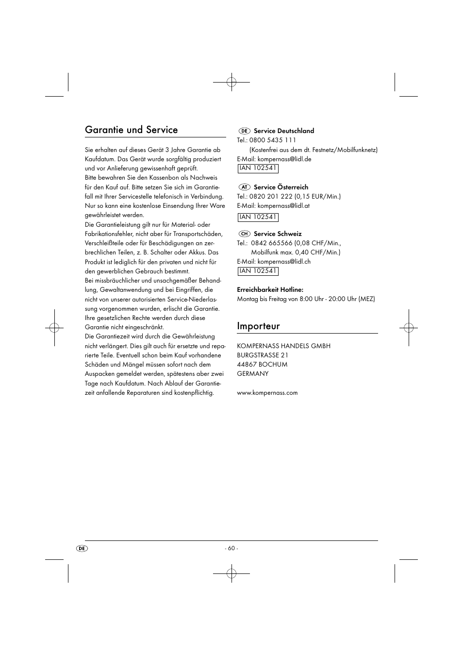 Garantie und service, Importeur | Silvercrest SDRB 1000 B1 User Manual | Page 63 / 64