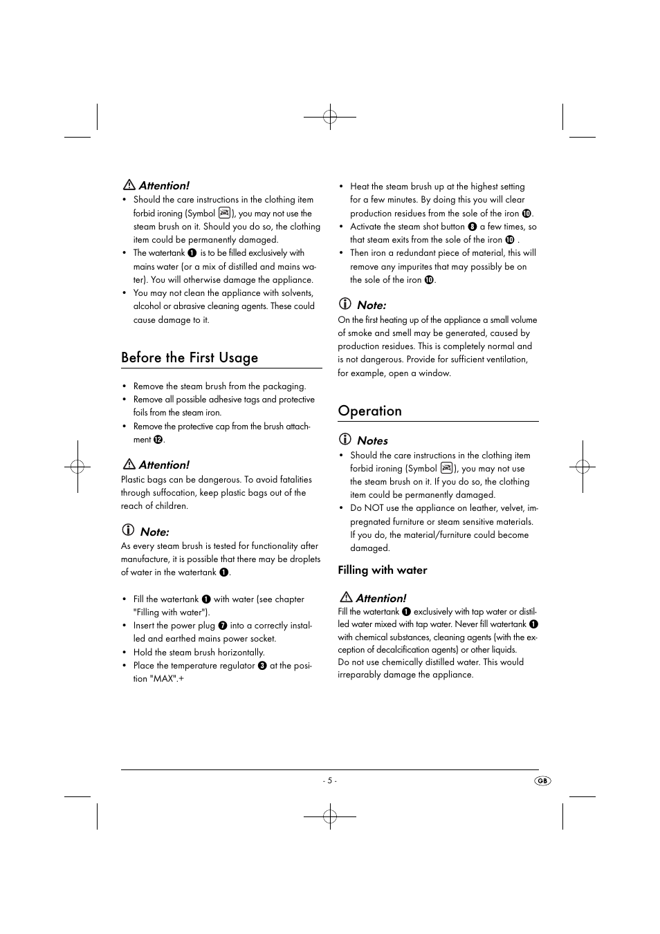 Operation, Before the first usage, Filling with water attention | Attention | Silvercrest SDRB 1000 B1 User Manual | Page 8 / 64