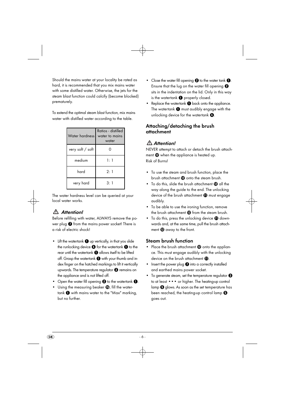 Attention, Attaching/detaching the brush attachment attention, Steam brush function | Silvercrest SDRB 1000 B1 User Manual | Page 9 / 64