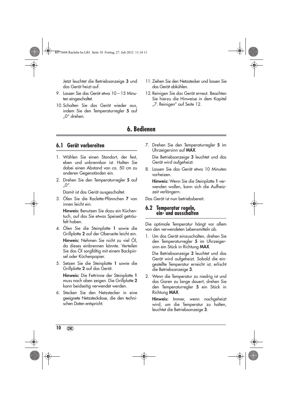 Bedienen, 1 gerät vorbereiten, 2 temperatur regeln, ein- und ausschalten | Silvercrest SRGS 1300 A2 User Manual | Page 12 / 70