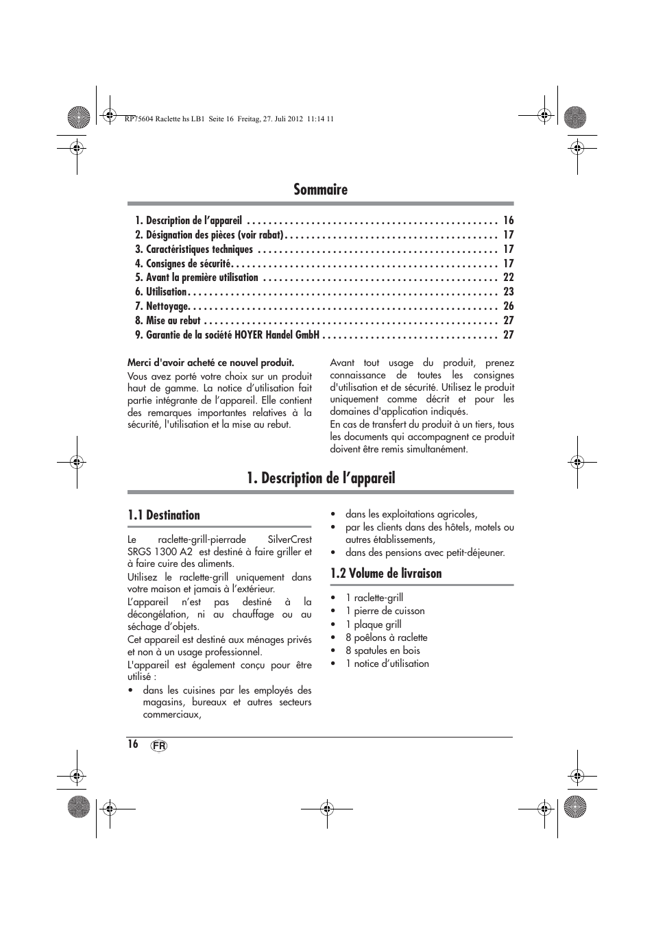 Sommaire, Description de l’appareil | Silvercrest SRGS 1300 A2 User Manual | Page 18 / 70