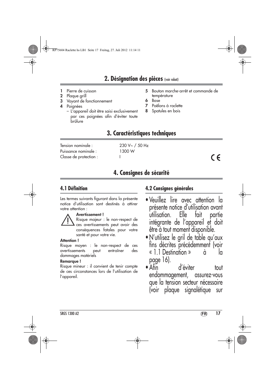 Désignation des pièces, Caractéristiques techniques, Consignes de sécurité | Silvercrest SRGS 1300 A2 User Manual | Page 19 / 70