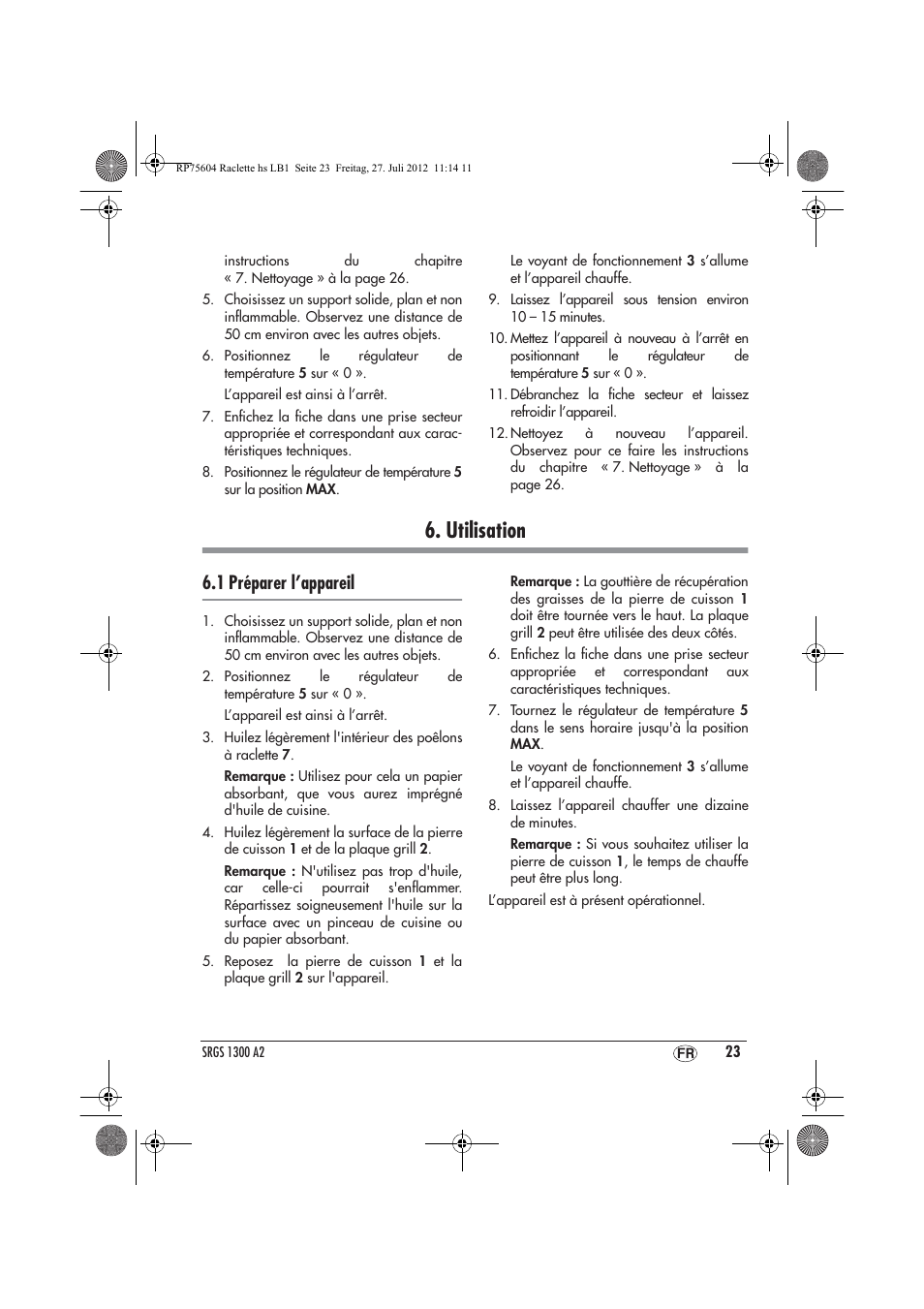 Utilisation, 1 préparer l’appareil | Silvercrest SRGS 1300 A2 User Manual | Page 25 / 70