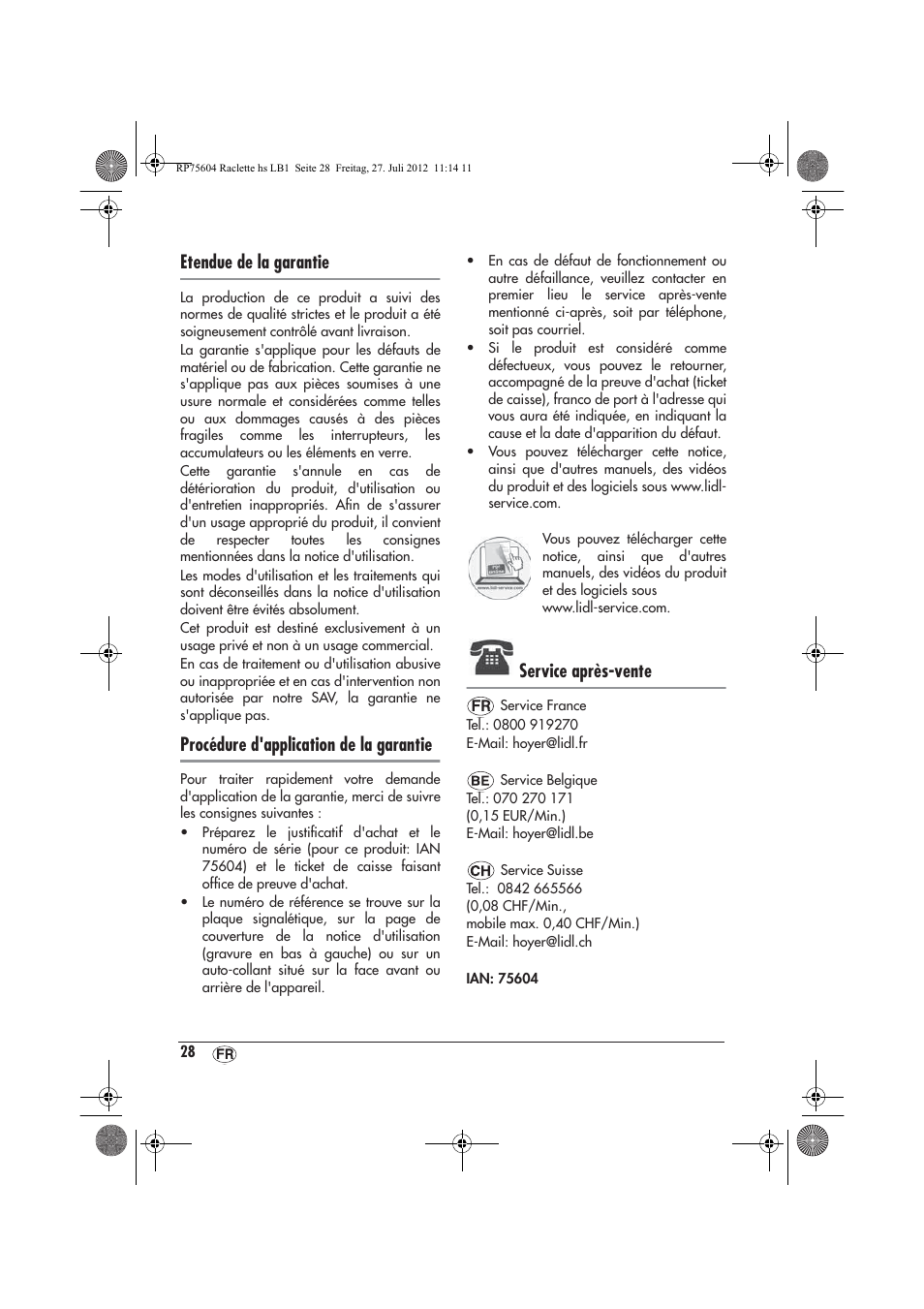 Etendue de la garantie, Procédure d'application de la garantie, Service après-vente | Silvercrest SRGS 1300 A2 User Manual | Page 30 / 70