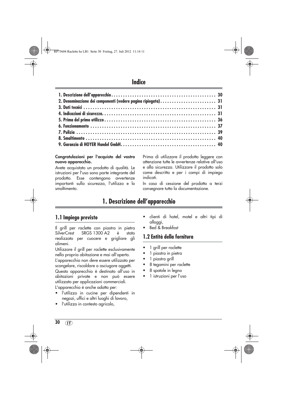 Indice, Descrizione dell’apparecchio, 1 impiego previsto | 2 entità della fornitura | Silvercrest SRGS 1300 A2 User Manual | Page 32 / 70