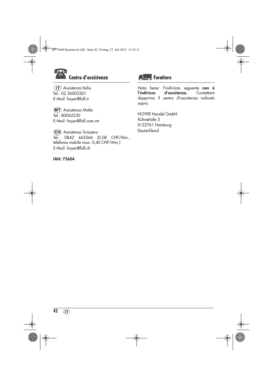 Centro d’assistenza, Fornitore | Silvercrest SRGS 1300 A2 User Manual | Page 44 / 70