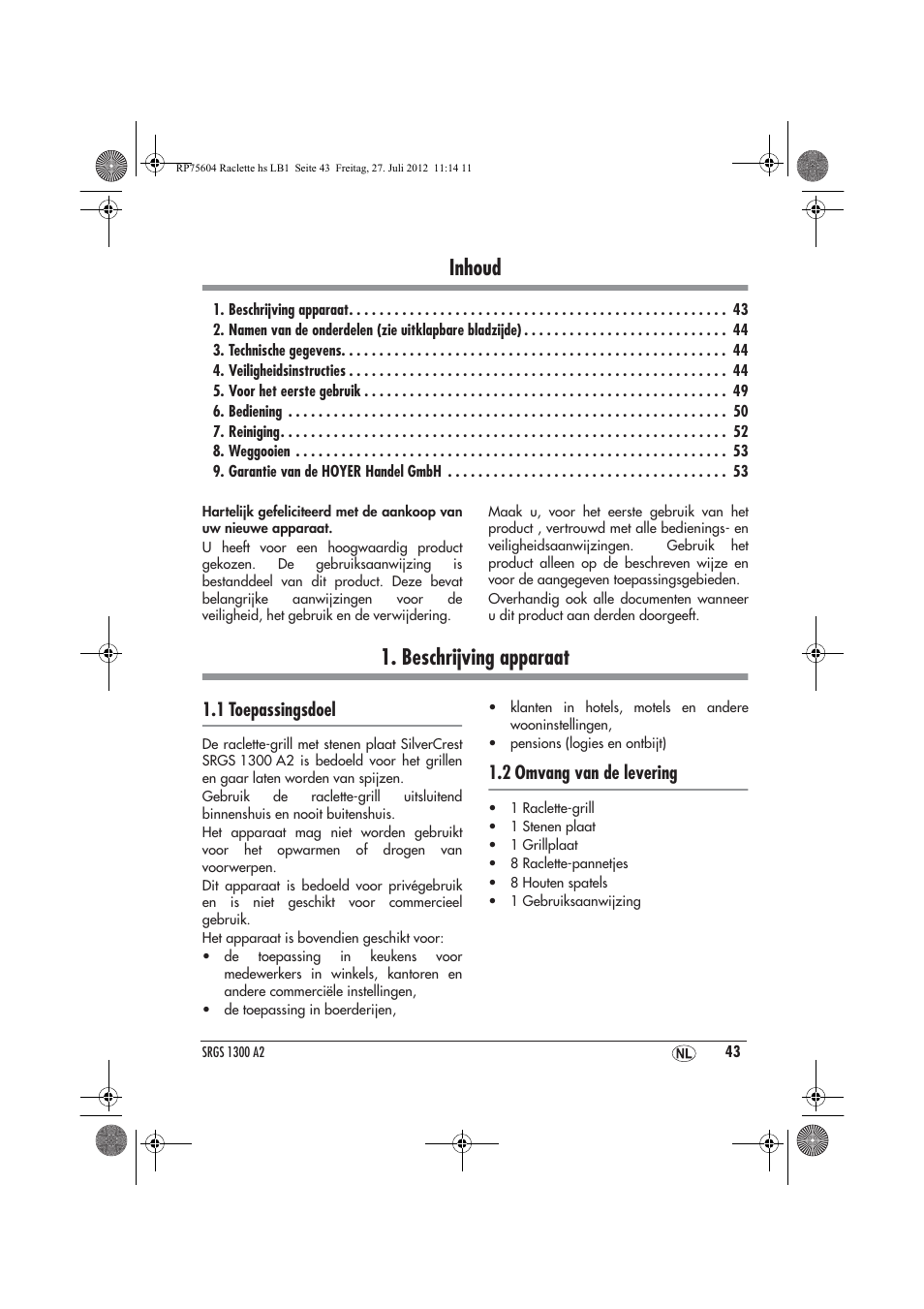 Inhoud, Beschrijving apparaat | Silvercrest SRGS 1300 A2 User Manual | Page 45 / 70