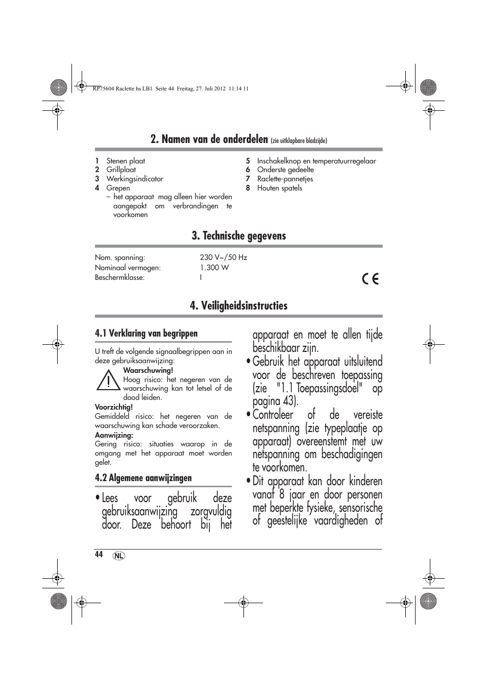 Namen van de onderdelen, Technische gegevens, Veiligheidsinstructies | Silvercrest SRGS 1300 A2 User Manual | Page 46 / 70