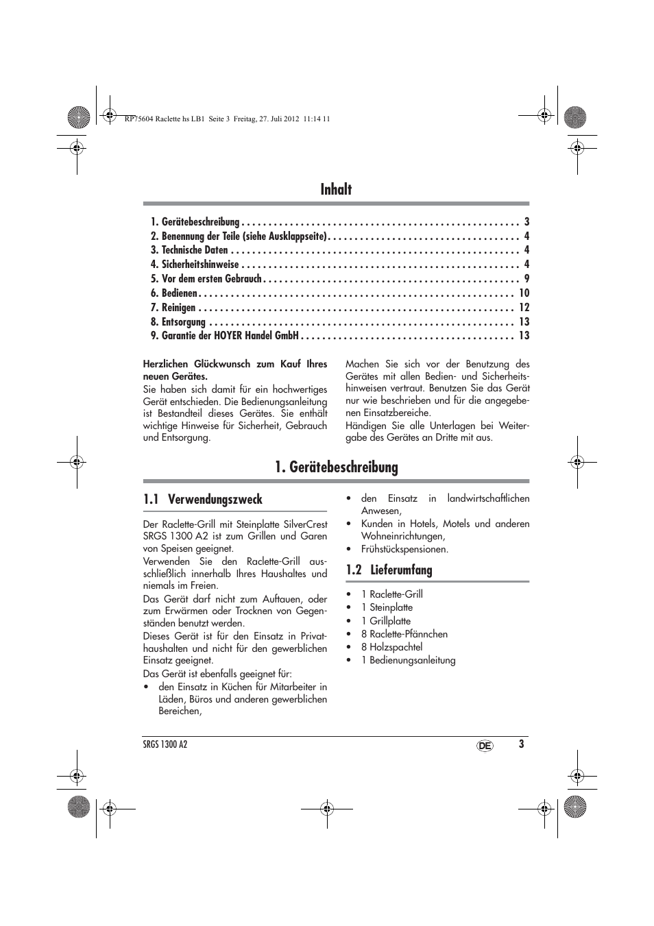 Inhalt, Gerätebeschreibung | Silvercrest SRGS 1300 A2 User Manual | Page 5 / 70