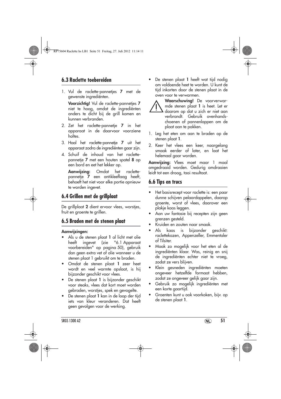 3 raclette toebereiden, 4 grillen met de grillplaat, 5 braden met de stenen plaat | 6 tips en trucs | Silvercrest SRGS 1300 A2 User Manual | Page 53 / 70