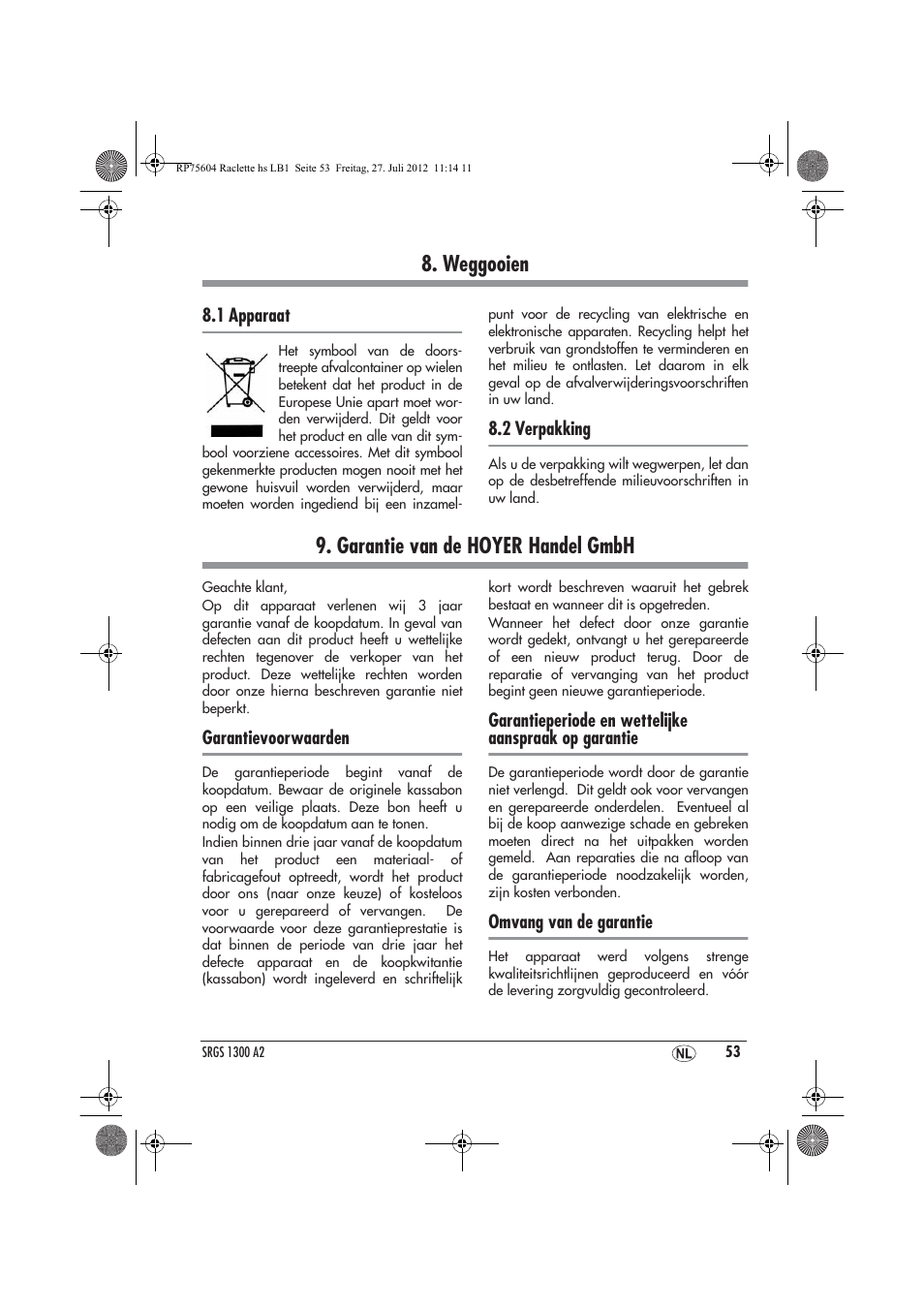 Weggooien, Garantie van de hoyer handel gmbh | Silvercrest SRGS 1300 A2 User Manual | Page 55 / 70