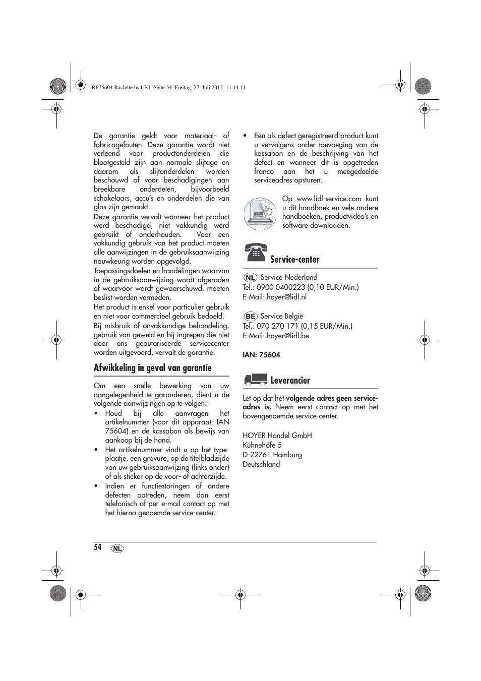 Afwikkeling in geval van garantie, Service-center, Leverancier | Silvercrest SRGS 1300 A2 User Manual | Page 56 / 70