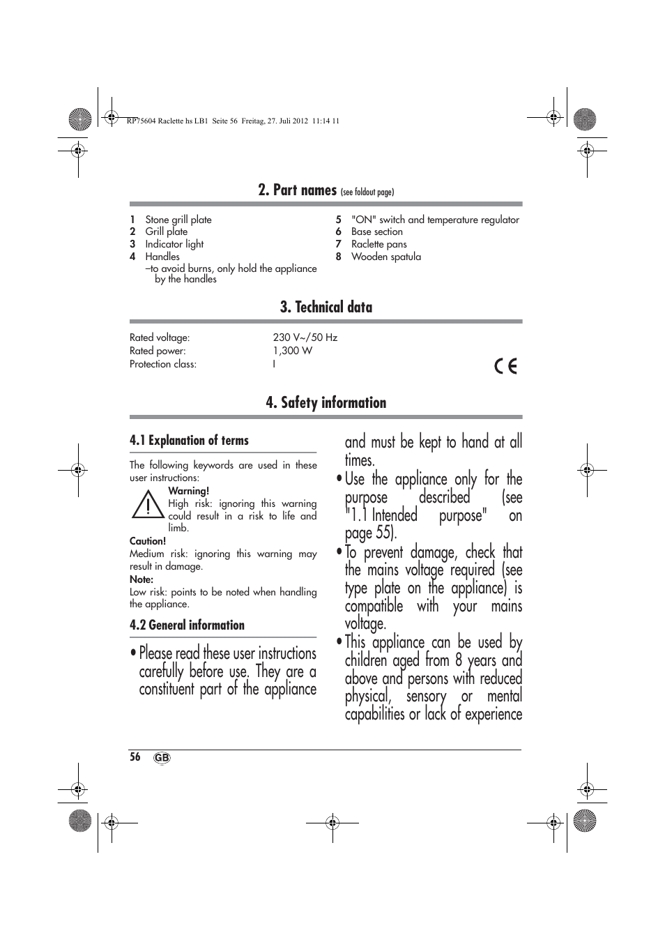 Part names, Technical data, Safety information | Silvercrest SRGS 1300 A2 User Manual | Page 58 / 70