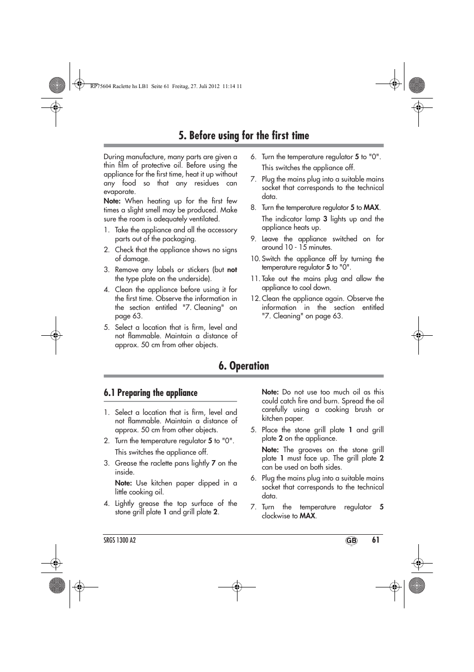 Before using for the ﬁrst time, Operation, 1 preparing the appliance | Silvercrest SRGS 1300 A2 User Manual | Page 63 / 70