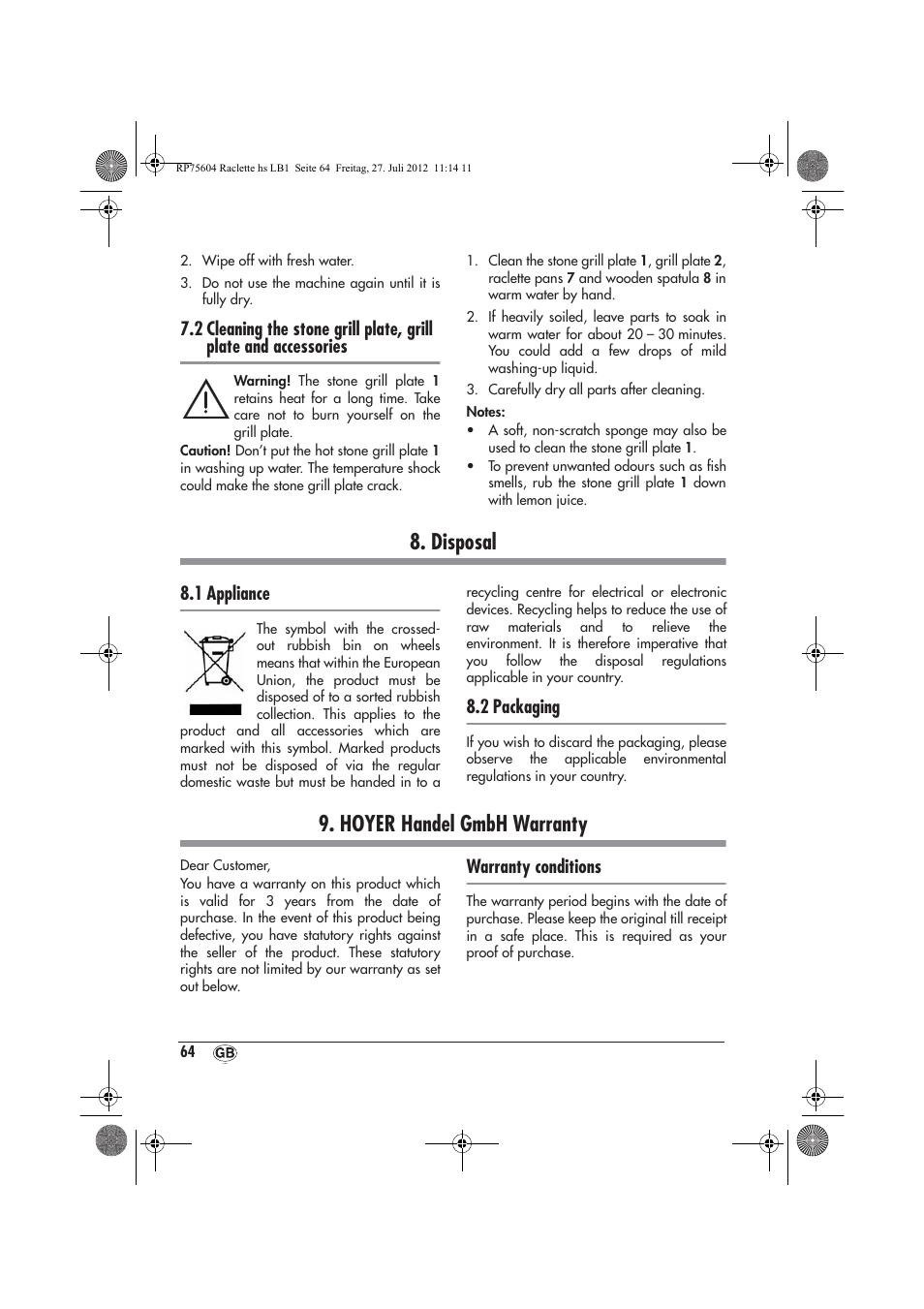 Disposal, Hoyer handel gmbh warranty, 1 appliance | 2 packaging, Warranty conditions | Silvercrest SRGS 1300 A2 User Manual | Page 66 / 70