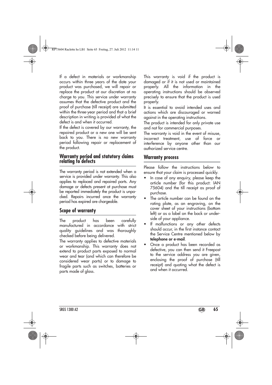 Scope of warranty, Warranty process | Silvercrest SRGS 1300 A2 User Manual | Page 67 / 70