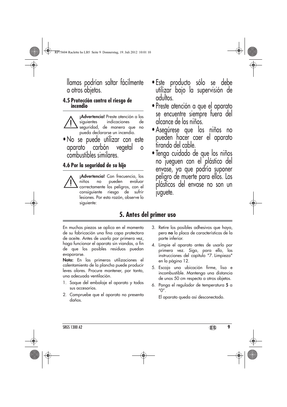 Llamas podrían saltar fácilmente a otros objetos, Antes del primer uso | Silvercrest SRGS 1300 A2 User Manual | Page 11 / 70