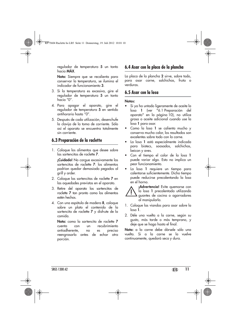 3 preparación de la raclette, 4 asar con la placa de la plancha, 5 asar con la losa | Silvercrest SRGS 1300 A2 User Manual | Page 13 / 70
