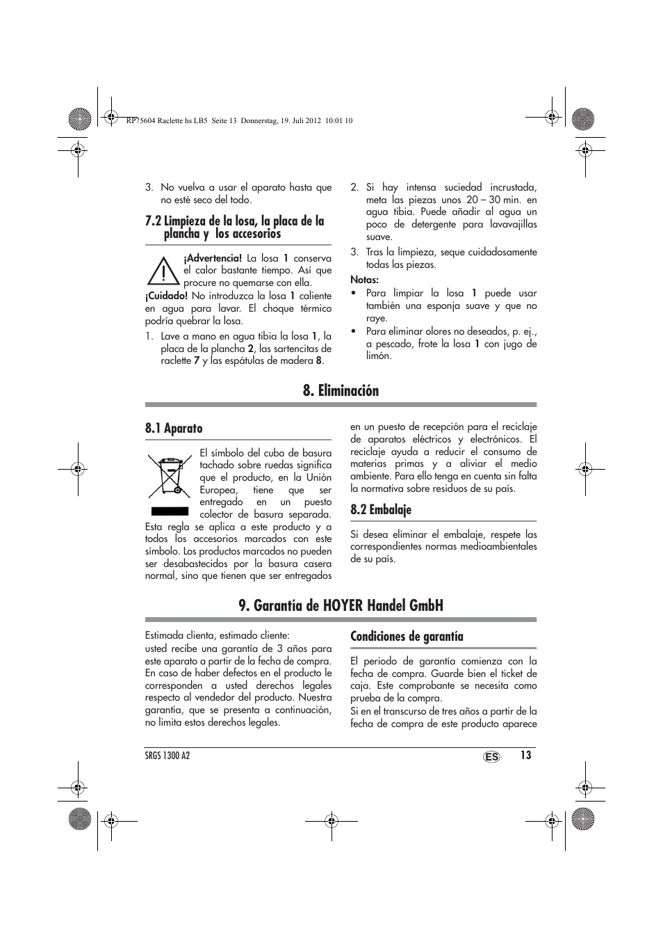 Eliminación, Garantía de hoyer handel gmbh, 1 aparato | 2 embalaje, Condiciones de garantía | Silvercrest SRGS 1300 A2 User Manual | Page 15 / 70