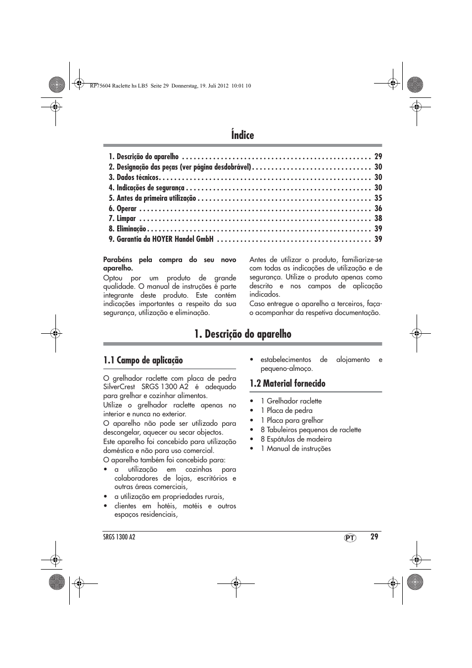 Índice, Descrição do aparelho, 1 campo de aplicação | 2 material fornecido | Silvercrest SRGS 1300 A2 User Manual | Page 31 / 70