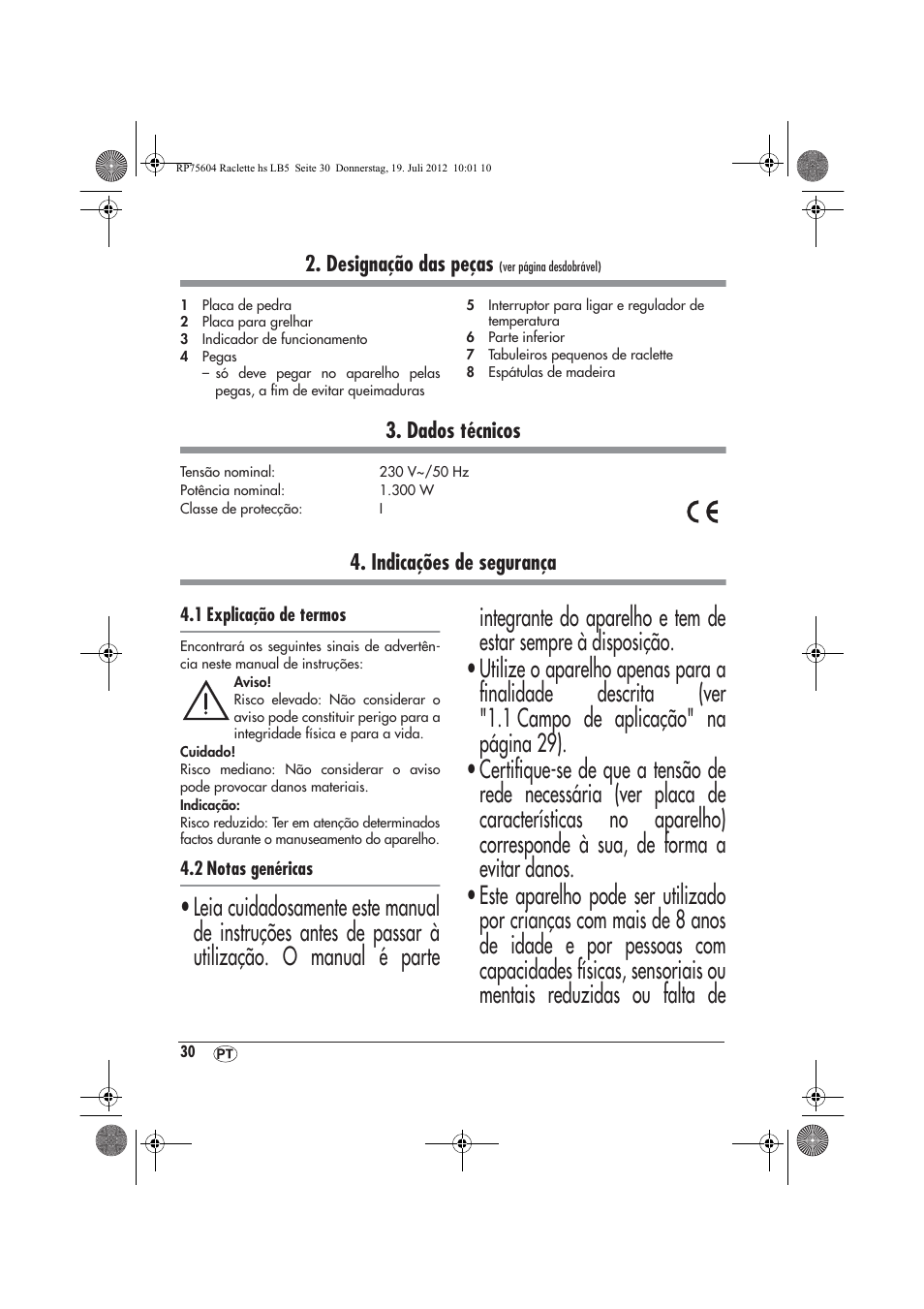 Designação das peças, Dados técnicos, Indicações de segurança | Silvercrest SRGS 1300 A2 User Manual | Page 32 / 70