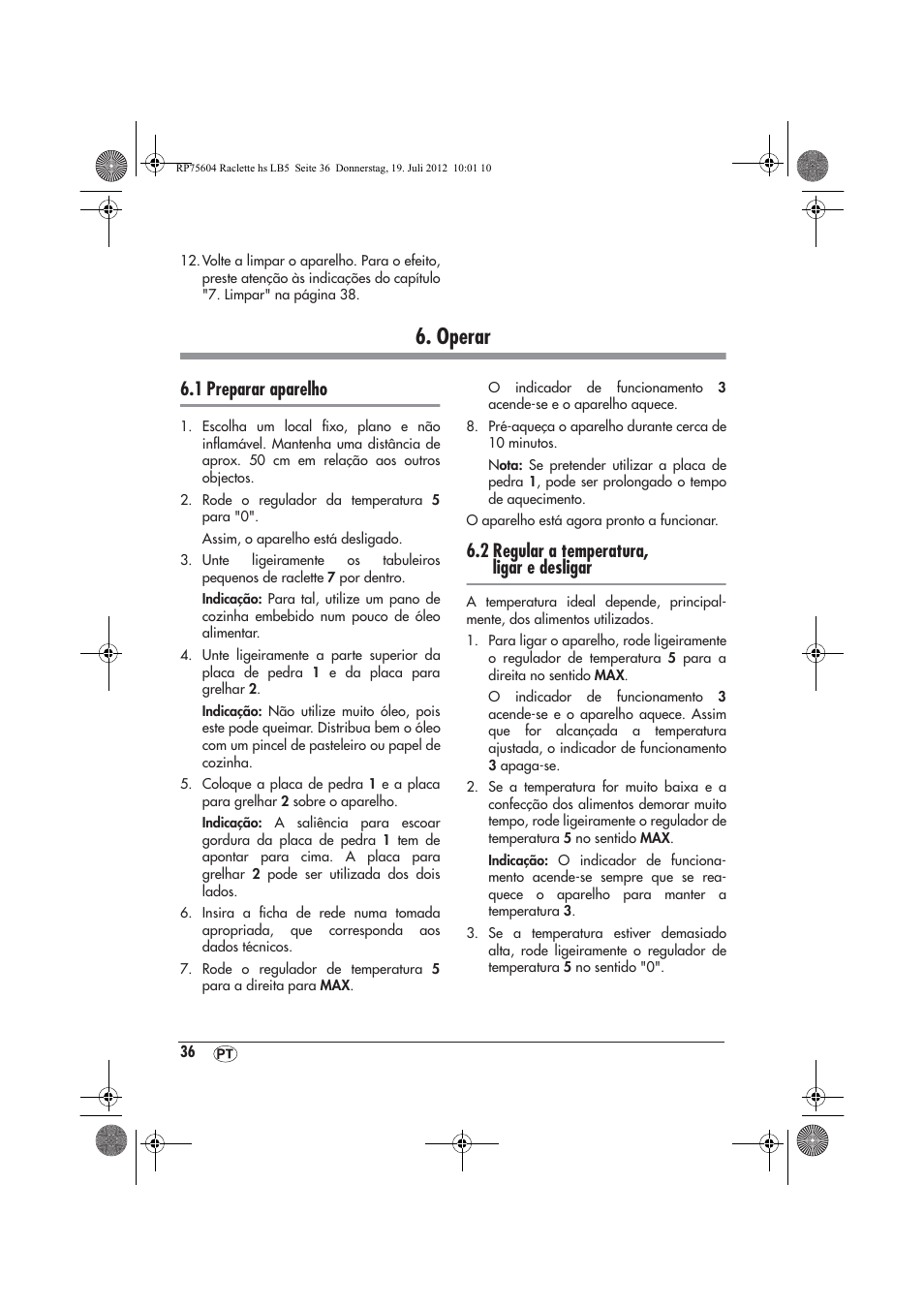 Operar, 1 preparar aparelho, 2 regular a temperatura, ligar e desligar | Silvercrest SRGS 1300 A2 User Manual | Page 38 / 70