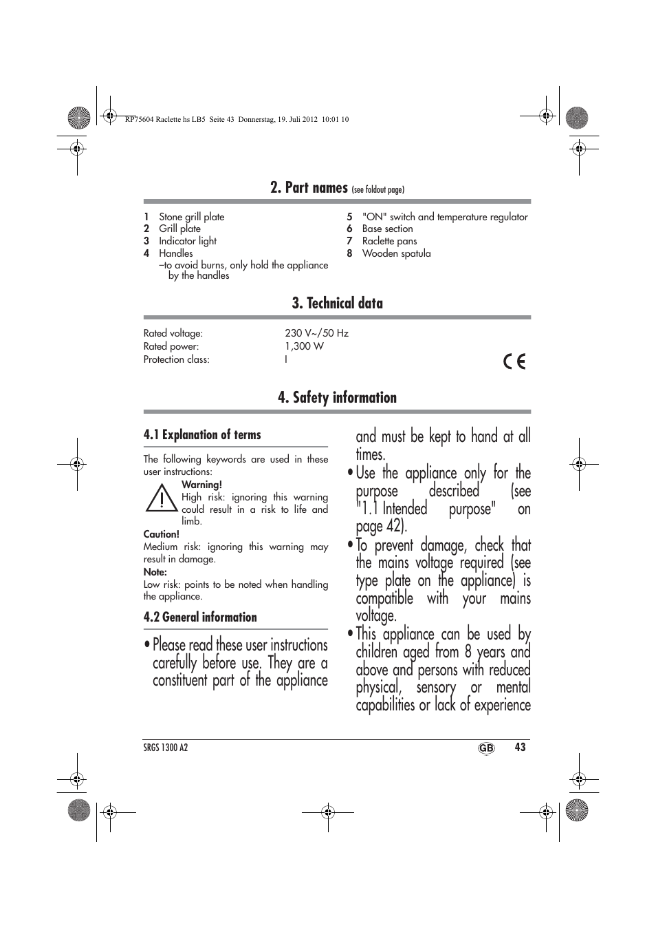 Part names, Technical data, Safety information | Silvercrest SRGS 1300 A2 User Manual | Page 45 / 70