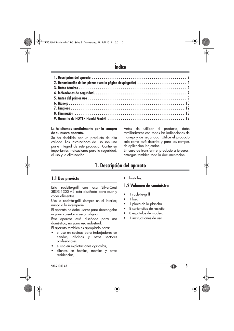 Índice, Descripción del aparato | Silvercrest SRGS 1300 A2 User Manual | Page 5 / 70