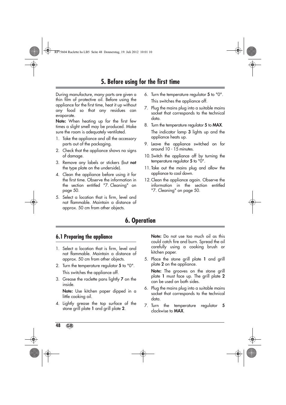 Before using for the ﬁrst time, Operation, 1 preparing the appliance | Silvercrest SRGS 1300 A2 User Manual | Page 50 / 70