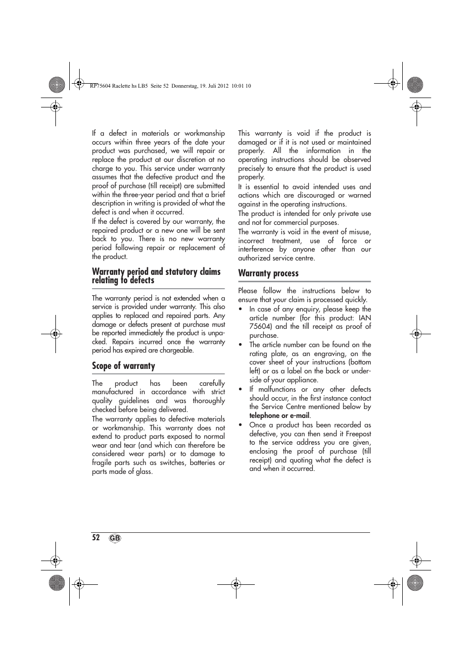 Scope of warranty, Warranty process | Silvercrest SRGS 1300 A2 User Manual | Page 54 / 70