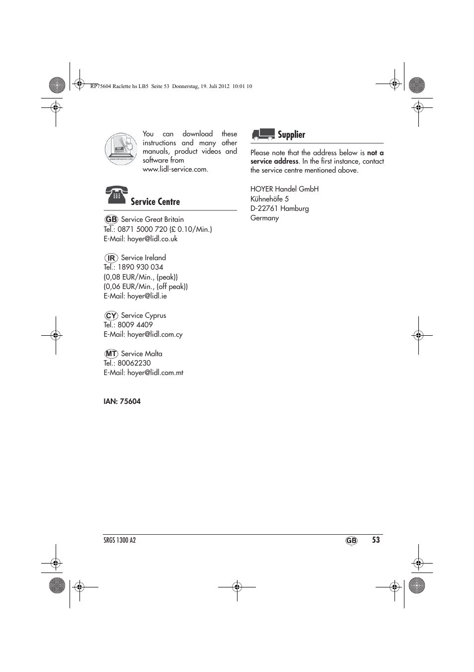 Service centre, Supplier | Silvercrest SRGS 1300 A2 User Manual | Page 55 / 70