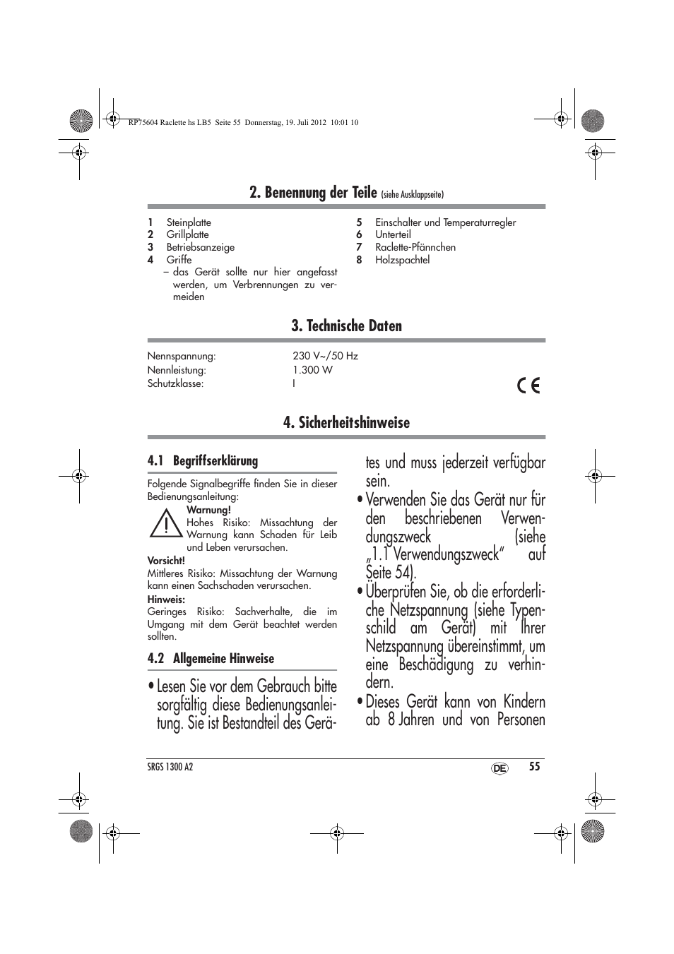 Benennung der teile, Technische daten, Sicherheitshinweise | Silvercrest SRGS 1300 A2 User Manual | Page 57 / 70