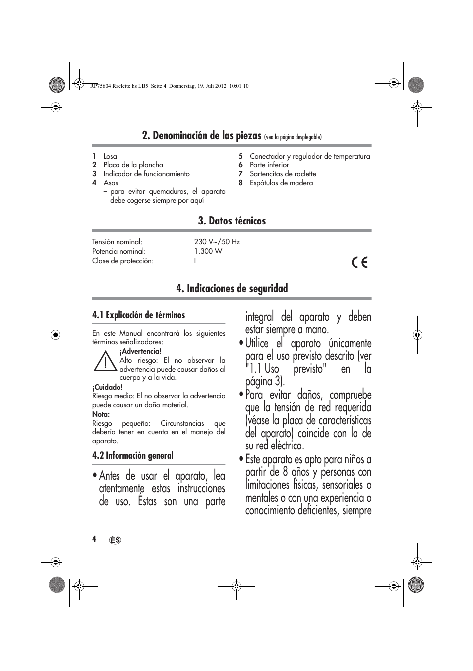 Denominación de las piezas, Datos técnicos, Indicaciones de seguridad | Silvercrest SRGS 1300 A2 User Manual | Page 6 / 70
