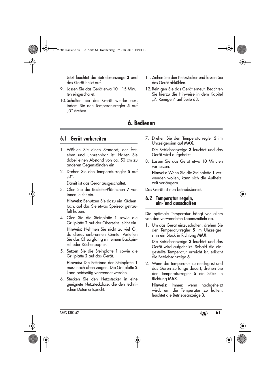 Bedienen, 1 gerät vorbereiten, 2 temperatur regeln, ein- und ausschalten | Silvercrest SRGS 1300 A2 User Manual | Page 63 / 70