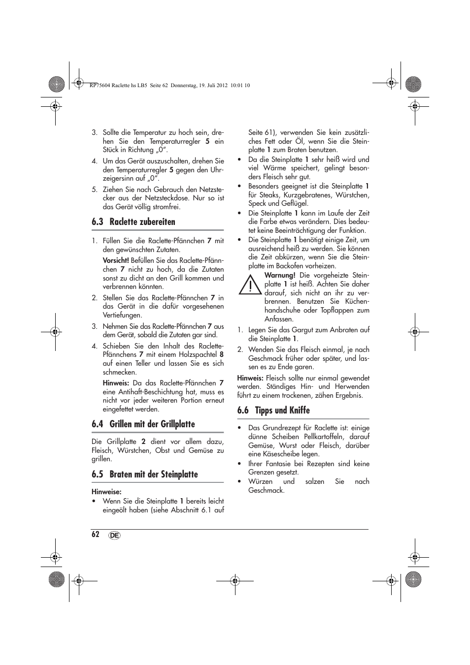 3 raclette zubereiten, 4 grillen mit der grillplatte, 5 braten mit der steinplatte | 6 tipps und kniffe | Silvercrest SRGS 1300 A2 User Manual | Page 64 / 70