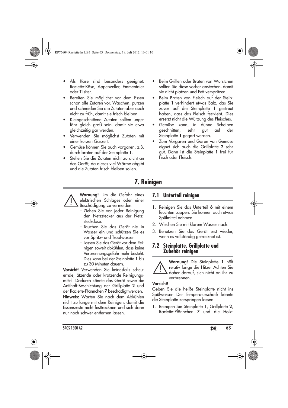 Reinigen, 1 unterteil reinigen, 2 steinplatte, grillplatte und zubehör reinigen | Silvercrest SRGS 1300 A2 User Manual | Page 65 / 70