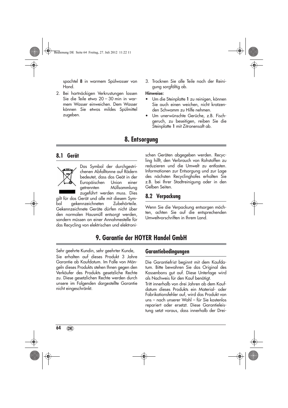 Entsorgung, Garantie der hoyer handel gmbh, 1 gerät | 2 verpackung, Garantiebedingungen | Silvercrest SRGS 1300 A2 User Manual | Page 66 / 70