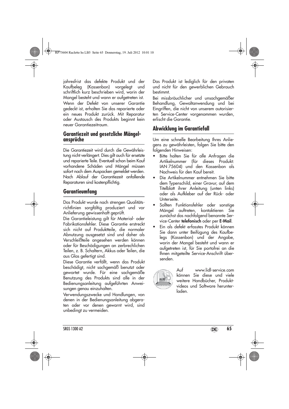 Garantiezeit und gesetzliche mängel- ansprüche, Garantieumfang, Abwicklung im garantiefall | Silvercrest SRGS 1300 A2 User Manual | Page 67 / 70