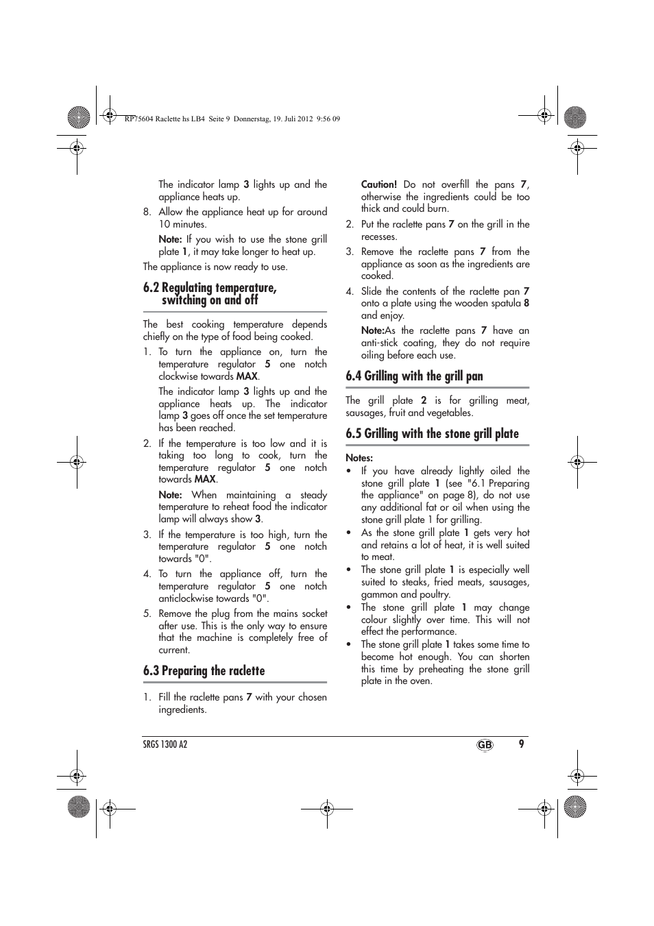 2 regulating temperature, switching on and off, 3 preparing the raclette, 4 grilling with the grill pan | 5 grilling with the stone grill plate | Silvercrest SRGS 1300 A2 User Manual | Page 11 / 94