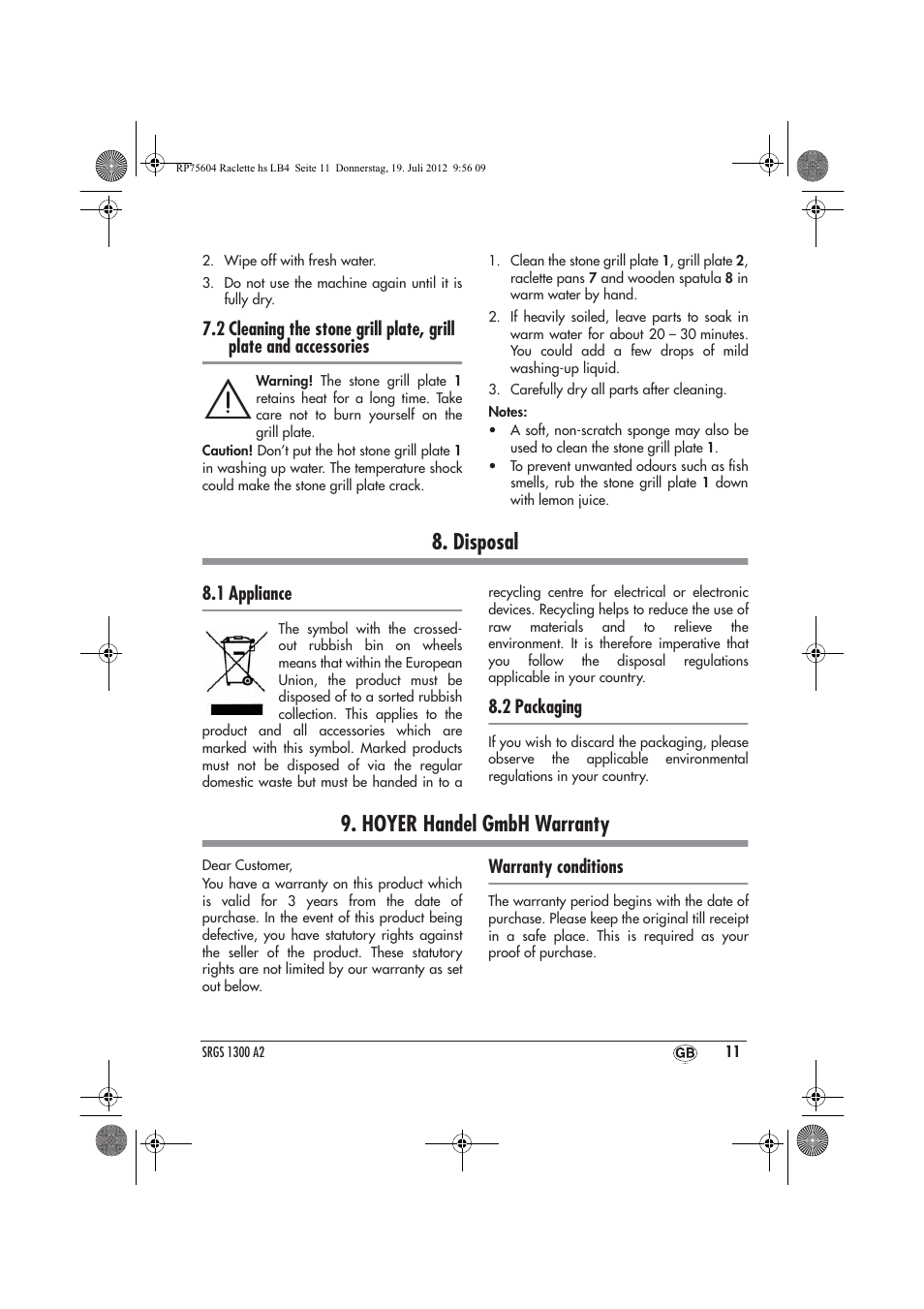 Disposal, Hoyer handel gmbh warranty, 1 appliance | 2 packaging, Warranty conditions | Silvercrest SRGS 1300 A2 User Manual | Page 13 / 94