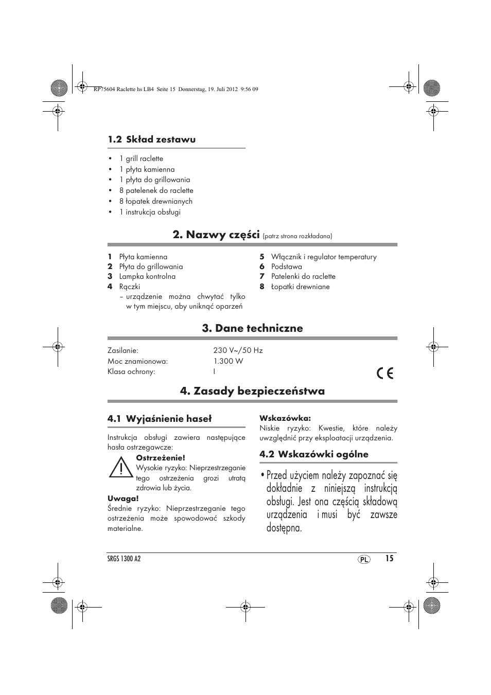 Nazwy części, Dane techniczne, Zasady bezpieczeństwa | Silvercrest SRGS 1300 A2 User Manual | Page 17 / 94