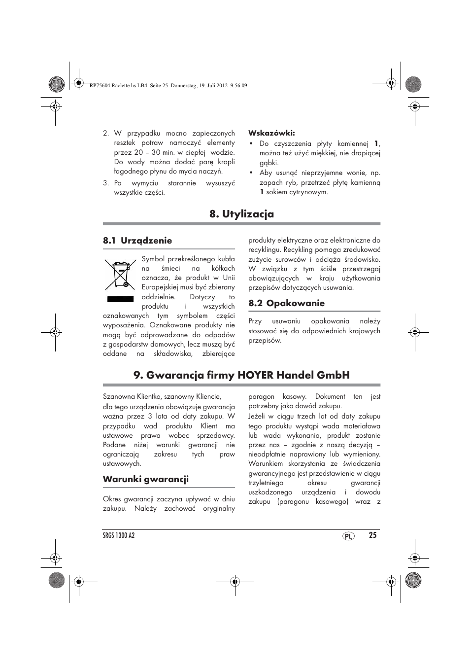 Utylizacja, Gwarancja firmy hoyer handel gmbh | Silvercrest SRGS 1300 A2 User Manual | Page 27 / 94